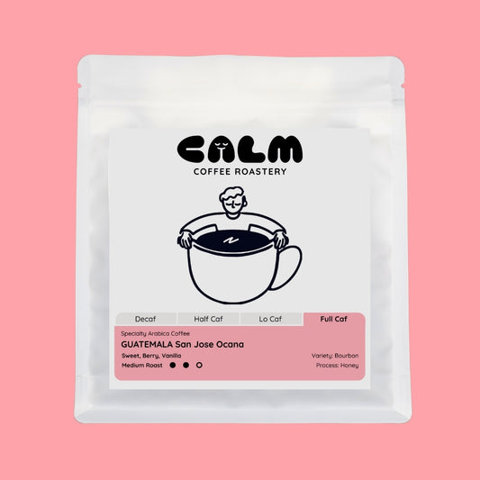 Coffee bag from Calm Coffee Roastery on a red background