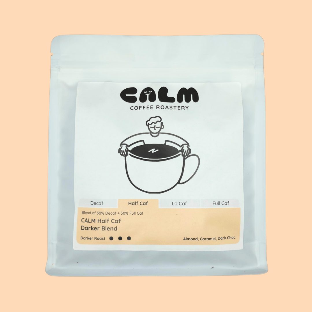 A bag of Calm Coffee Roastery's Half Caf