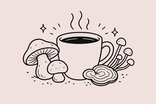 A cup of coffee surrounded by mushrooms