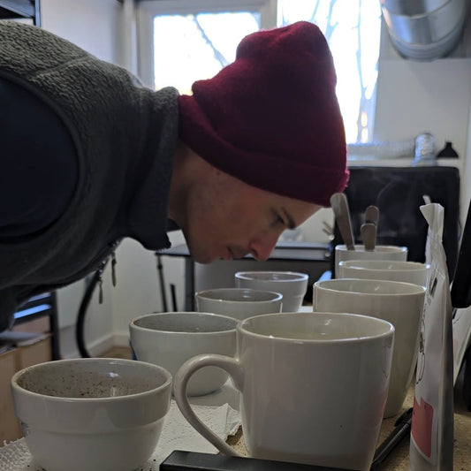 A man assessing the aroma of ground decaf coffee in cupping bowls.