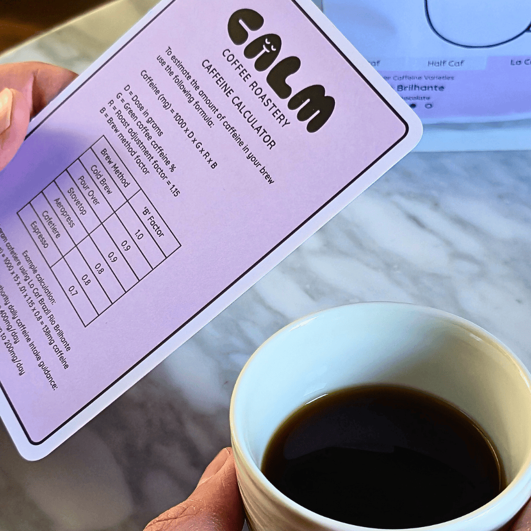 holding a mug of coffee and the caffeine calculator card
