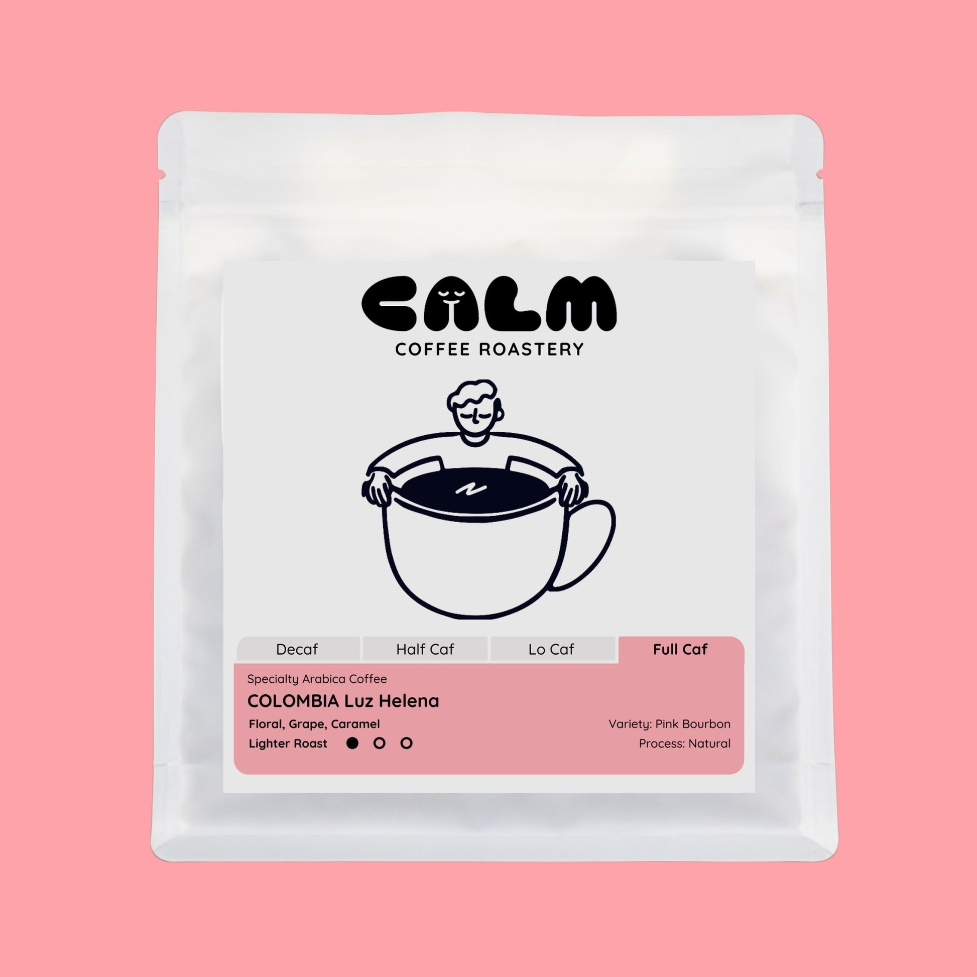 Calm Coffee Roastery coffee package on a pink background