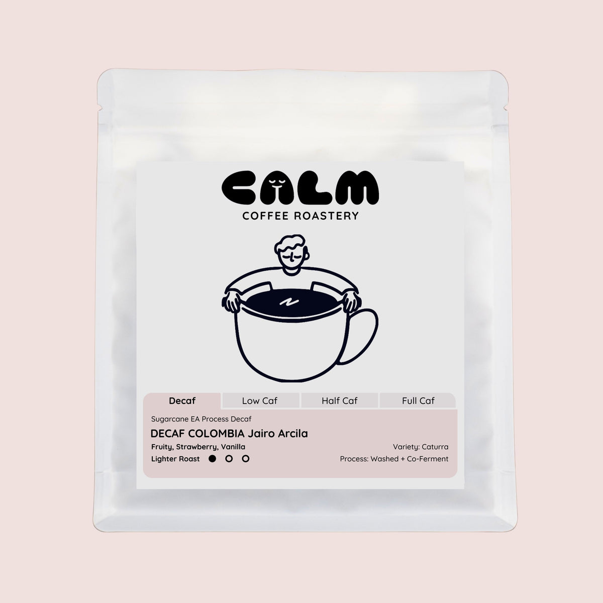 Calm Coffee Roastery coffee bag on a light brown background
