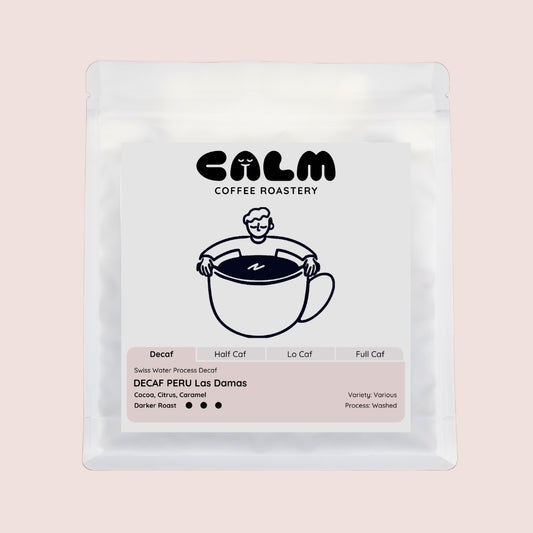Calm Coffee Roastery coffee package on a light brown background