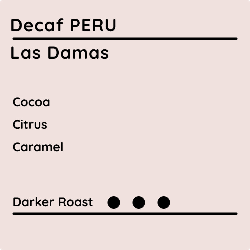 Decaf Peru Las Damas coffee label with flavor notes and roast level on a beige background