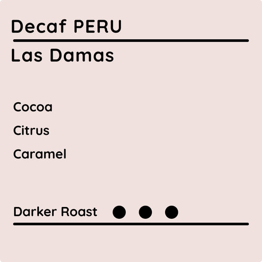 Decaf Peru Las Damas coffee label with flavor notes and roast level on a beige background