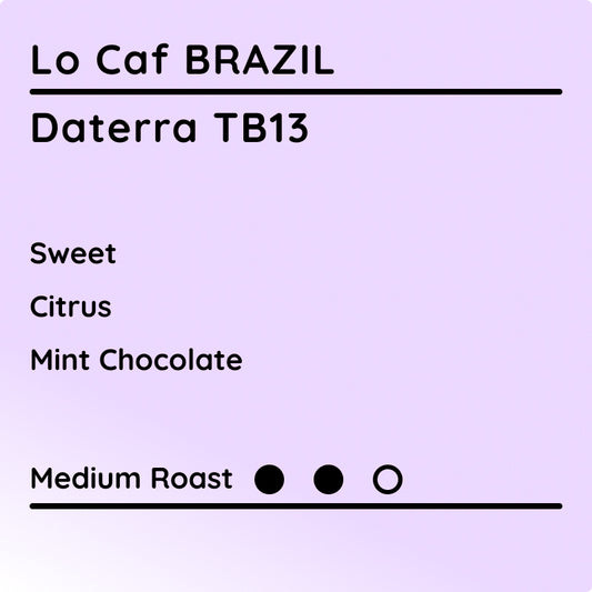 Tasting notes for Lo Caf Brazil TB13 Coffee on purple background