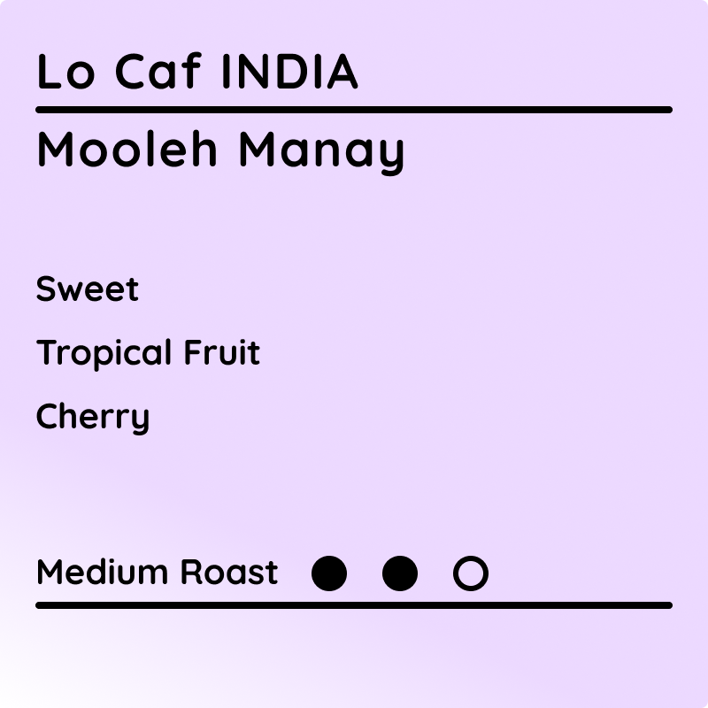 Coffee label for 'Lo Caf INDIA Mooleh Manay' with flavor notes and roast level on a purple background