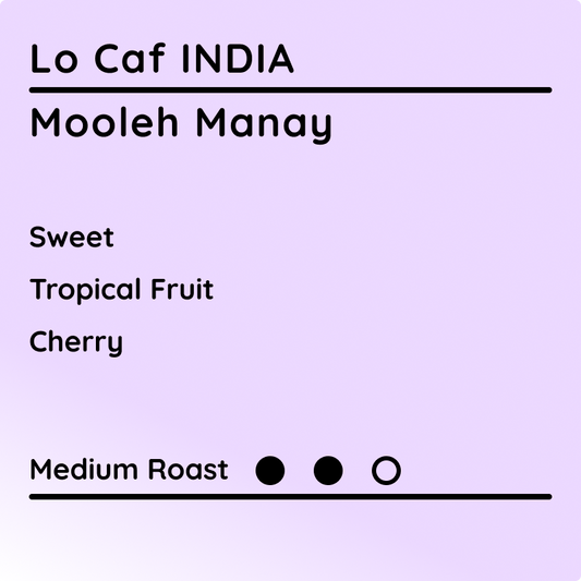 Coffee label for 'Lo Caf INDIA Mooleh Manay' with flavor notes and roast level on a purple background