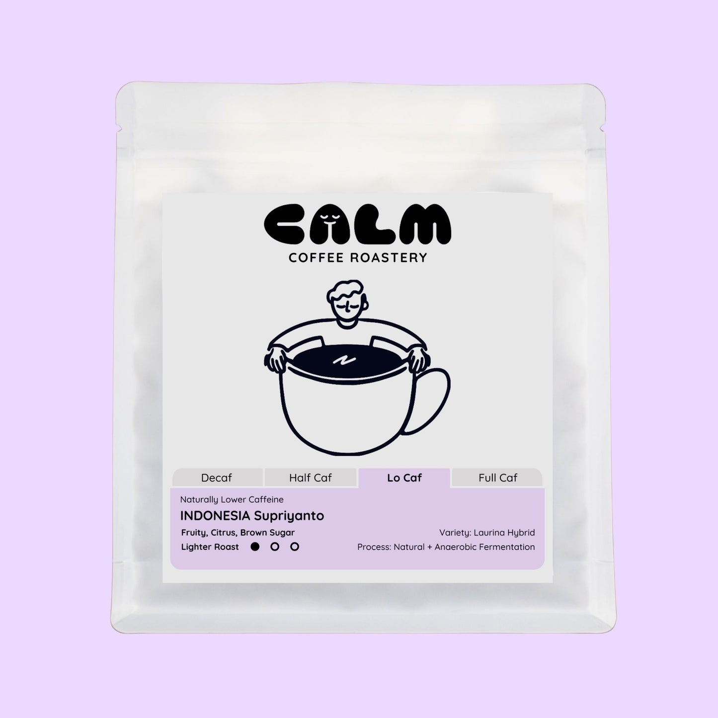 Calm Coffee Roastery coffee bag on a light purple background