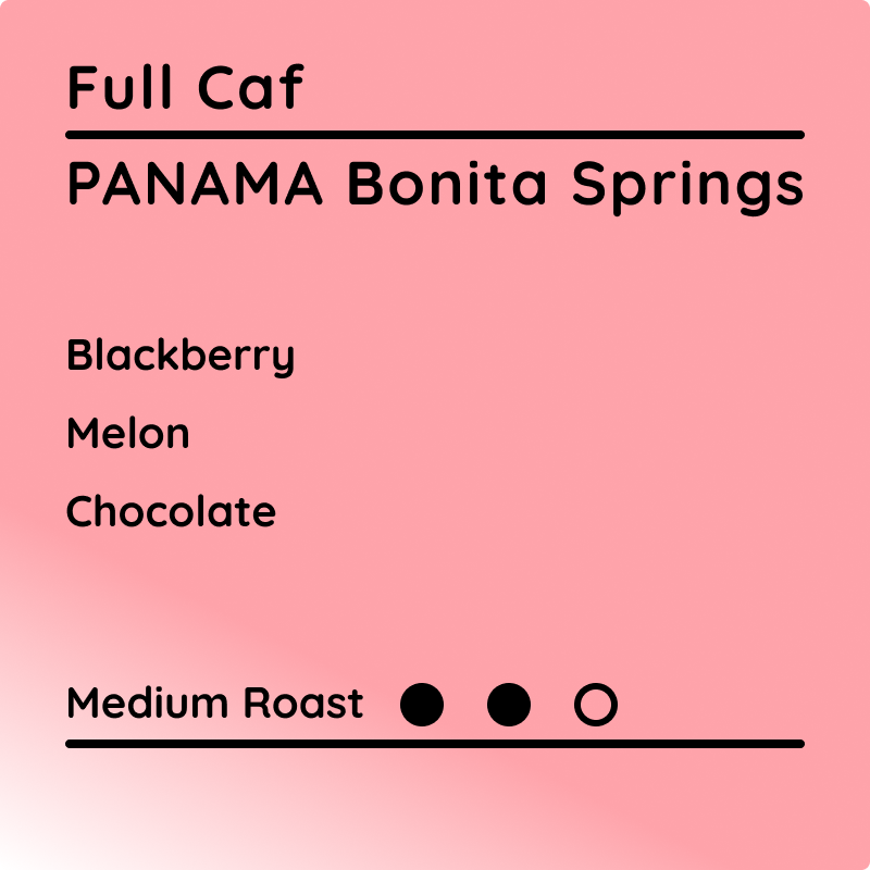 Coffee label for Panama Bonita Springs with flavor notes and roast level 