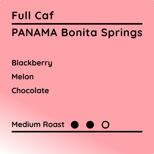 Coffee label for Panama Bonita Springs with flavor notes and roast level 