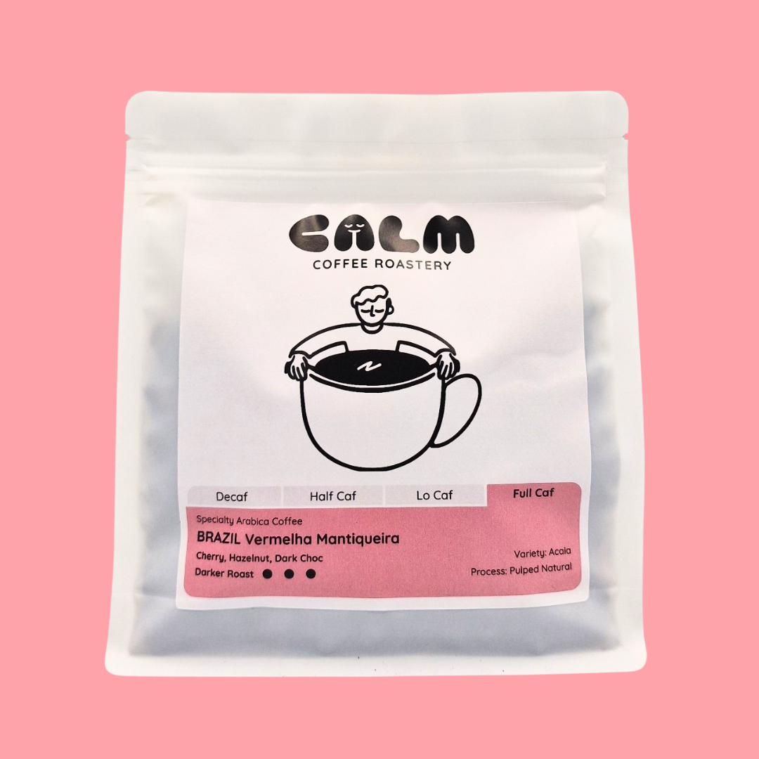 Brazil Vermelha Mantiqueira full caf coffee bag with cherry, hazelnut, and dark chocolate notes from Calm Coffee Roastery