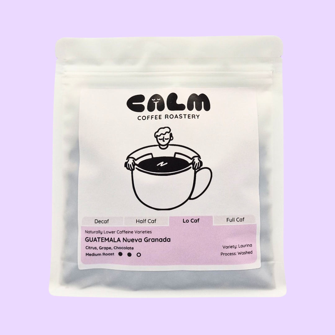 Lo Caf Guatemala Nueva Granada coffee bag with Calm Coffee Roastery branding, highlighting notes of citrus, grape, and chocolate.