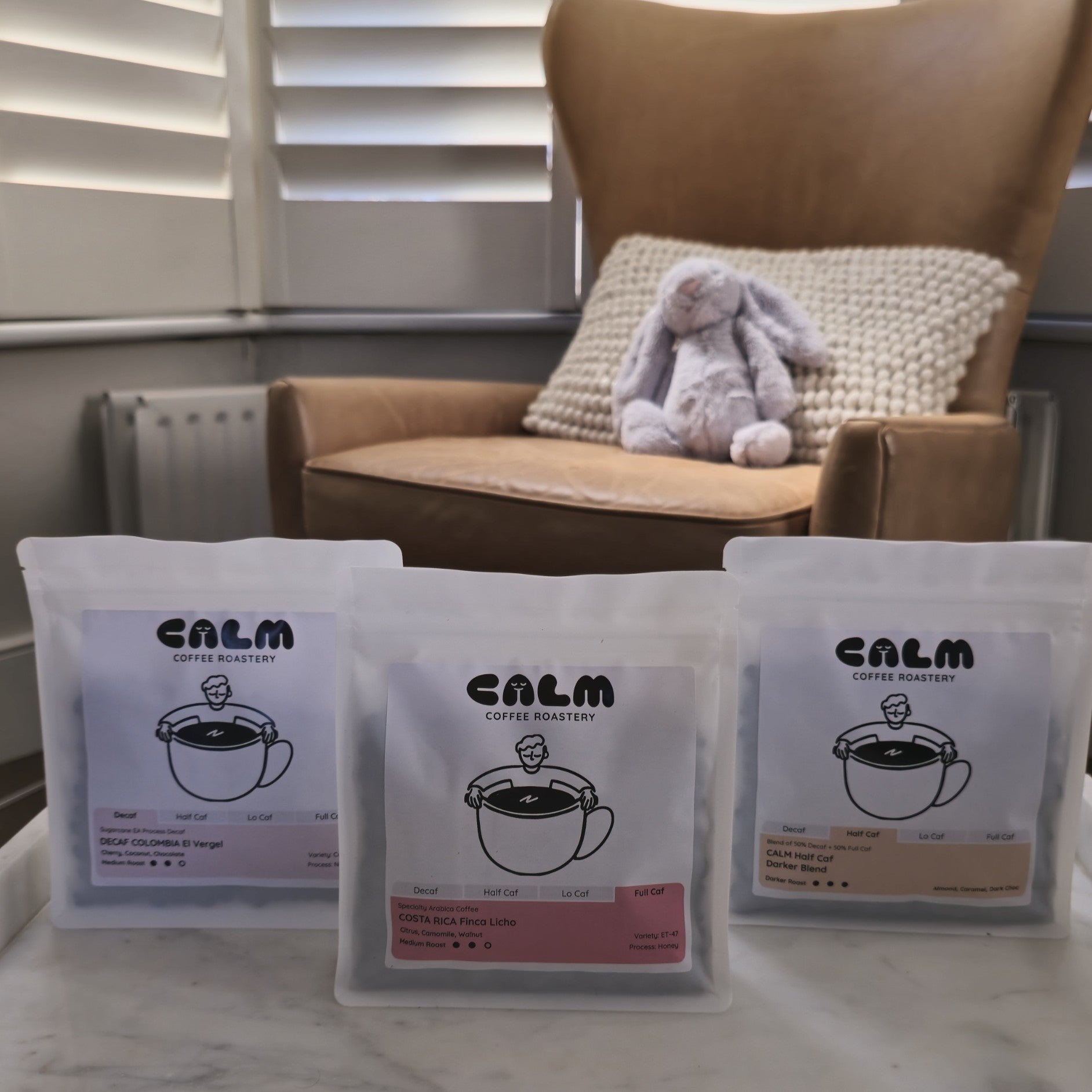 Three bags from Calm Coffee Roastery