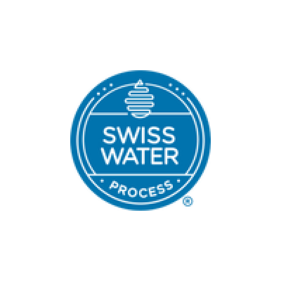 Swiss Water Process logo indicating the chemical-free decaffeination process used for the Decaf Colombia Excelso coffee in the blend