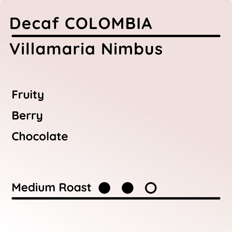 Decaf Colombia Villamaria Nimbus coffee label with flavor notes and roast level on a beige background